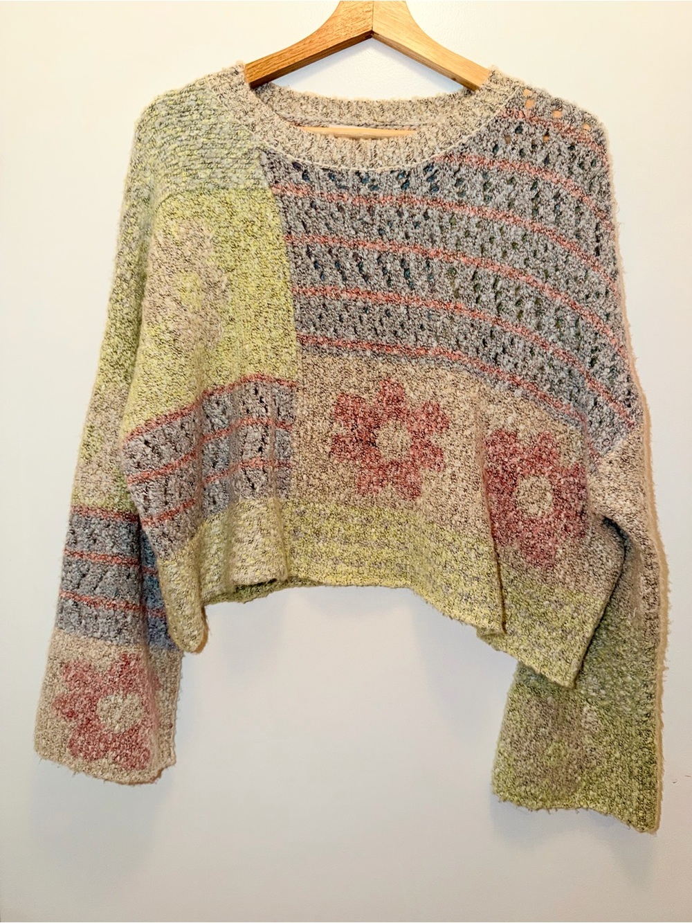 Sincerly Jules Sweater Women’s Large Cropped Pastel Patchwork Boucle Pullover